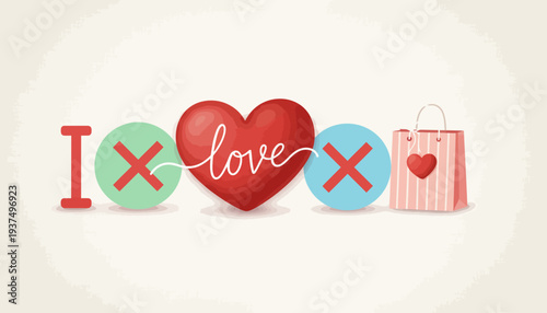 Valentines Day shopping with love and heart.