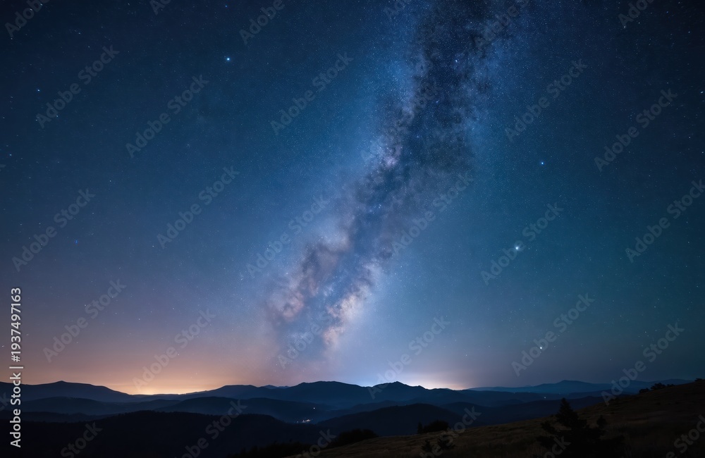 Fototapeta premium Night sky over Portugal mountains shows Milky Way galaxy. Stars shine bright in dark blue expanse. Lights glow on distant horizon from small town.