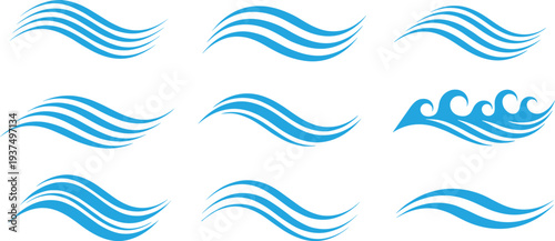 Blue wave icon set, stylized water design, abstract ocean illustration, flowing line art, environmental graphic element, aquatic decorative template