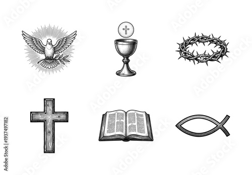 Christian religious symbols set in vintage woodcut engraving style featuring dove chalice crown of thorns cross bible and fish
