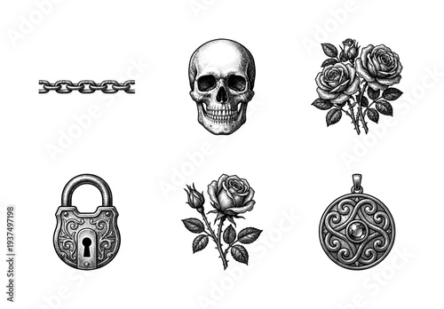 Vintage engraving style illustration set featuring a human skull, roses, decorative padlock, filigree medallion, and metal chain links.
