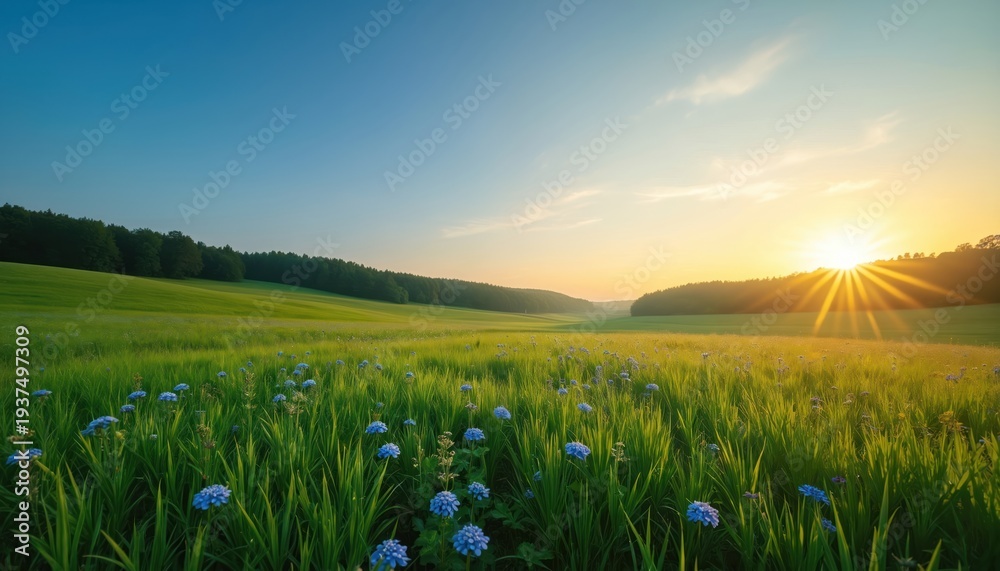 Naklejka premium Blue wildflowers bloom in rich green field near forest. Golden sun sets on horizon. Sky is clear blue with soft clouds. Nature scene evokes peace.