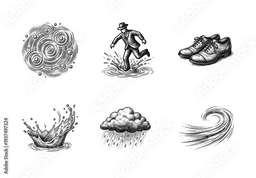 Set of vintage woodcut style illustrations featuring rain elements, splashing water, clouds, and a man in a suit jumping into a puddle.