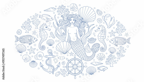 Mermaid surrounded by sea creatures and nautical elements in a circular frame.