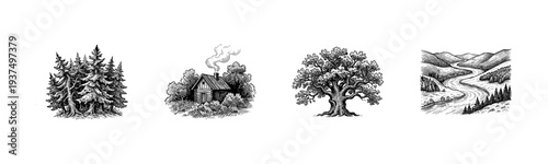 Vintage hand drawn engraving style nature illustrations featuring pine forest wooden cabin ancient oak tree and winding river valley landscape