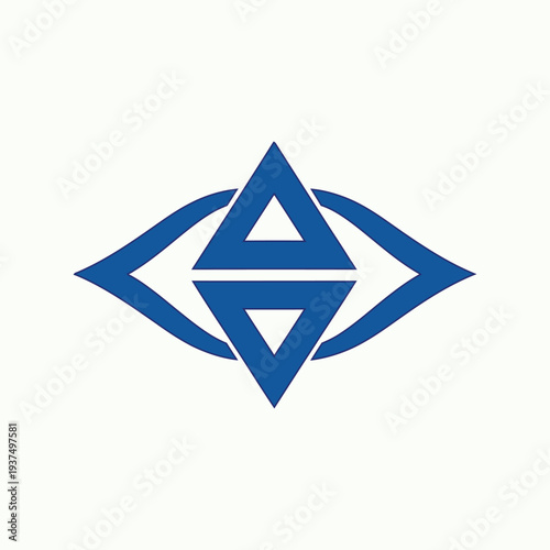 Blue geometric eye symbol featuring two mirrored triangles inside elliptical frame for vision concepts security branding optical health services or futuristic identification icons