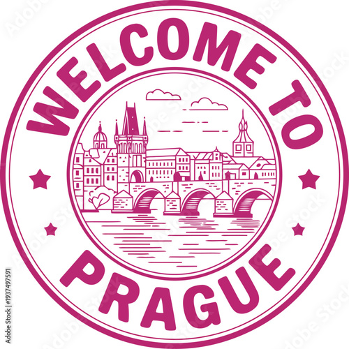 A vibrant welcome stamp featuring the iconic charles bridge in prague.