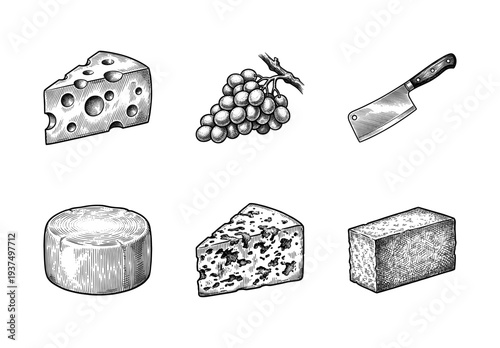 Set of hand drawn vintage style cheese varieties with grapes and a cleaver knife. Detailed woodcut or etching style illustrations on a white background.