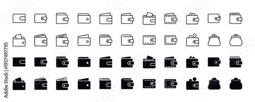 Set of wallet and purse icons, different styles and views, modern outline and solid fill designs