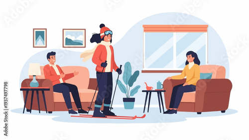 Winter skiers indoors with family watching