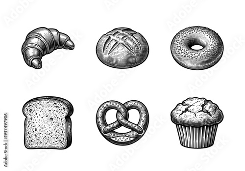 Vintage engraving style bakery and pastry collection featuring bread, croissant, bagel, pretzel, muffin, and toast slice in black and white line art.