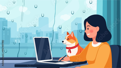 Woman and corgi working on laptop by rainy window with city view