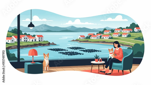 Woman and dog enjoy view of seaside village from cozy interior