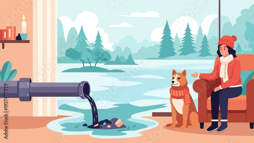 Woman and dog indoors watch pollution pour from pipe into icy landscape