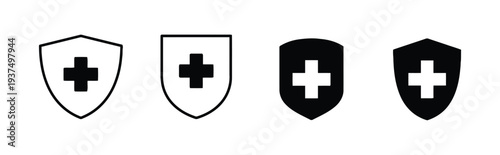 Shield with cross icons in outline and solid styles for medical health and protection themes