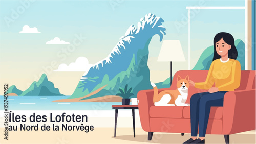 Woman and dog relax indoors with a view of Norwegian mountains