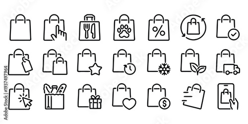 Shopping bag icons, purchase and sale, delivery and discount, products and services, online shopping