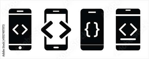 Set of four smartphone icons with code symbols, demonstrating mobile development and programming concepts