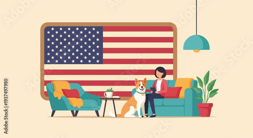 Woman and dog relaxing in a living room with American flag art