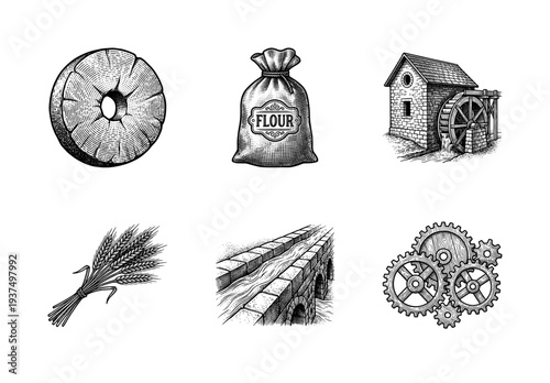 Vintage engraving style illustrations of traditional flour milling elements including watermill wheat millstone and gears