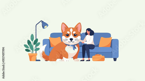 Woman and dog relaxing on sofa at home next to a plant and lamp