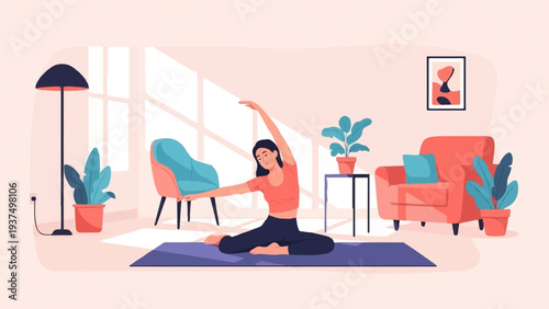 Woman doing yoga indoors, stretching with plants and furniture around