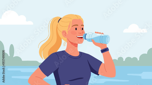 Woman drinks water from bottle outdoors on a cloudy day by the water