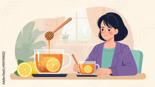 Woman enjoying warm tea with lemon and honey by window