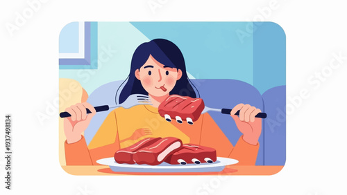 Woman enjoys a plate of grilled ribs with forks