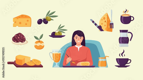 Woman enjoys a breakfast of cheese, fruit, cured meats, and coffee