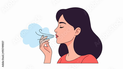 Woman exhales gentle breeze, closing eyes with serene expression