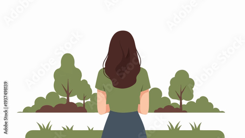 Woman facing away from camera, looking out at a simple green landscape