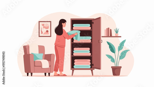Woman folding clean linens in a cozy room