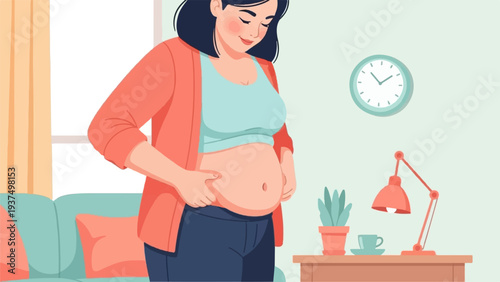 Woman gently pinching her stomach, feeling body awareness in a cozy room