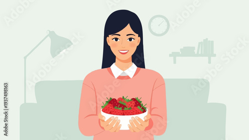 Woman holding bowl of strawberries indoors