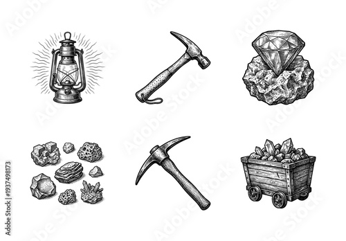 Vintage engraving style mining and geology set featuring lantern, pickaxe, hammer, minerals, diamond, and ore cart