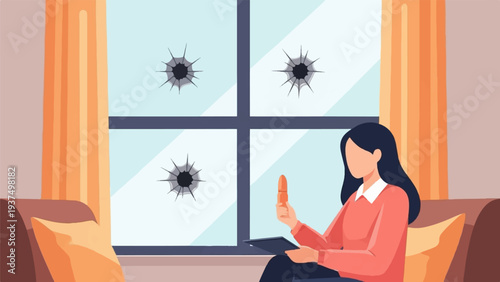 Woman holds bullet near window with bullet holes in living room