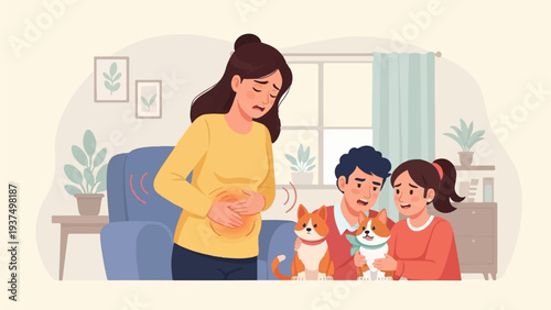 Woman holding stomach in pain, worried family and dogs