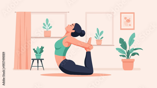 Woman in a home, practicing yoga in a serene pose with plants nearby