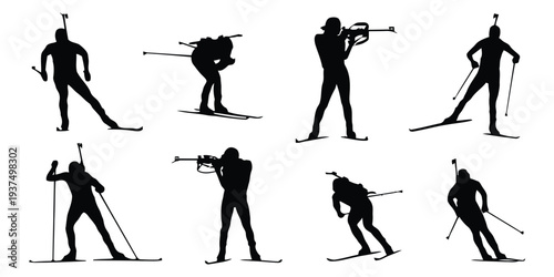 Silhouettes of biathlon athletes during competition including skiing and shooting poses