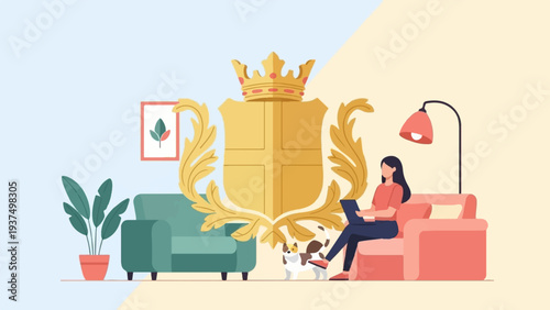 Woman on sofa with laptop, cat, plant, armchair, crest