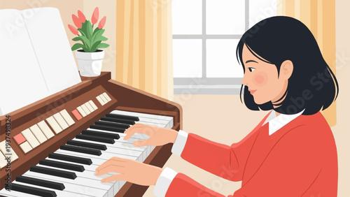 Woman in red playing organ with potted flowers by the window