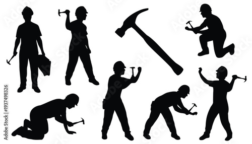 Silhouettes of construction workers with hammers and toolboxes, vector graphics