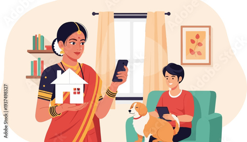Woman in sari holds house, man and dog look at screens indoors