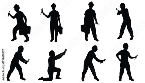 Silhouettes of construction workers with tools and toolboxes in different poses