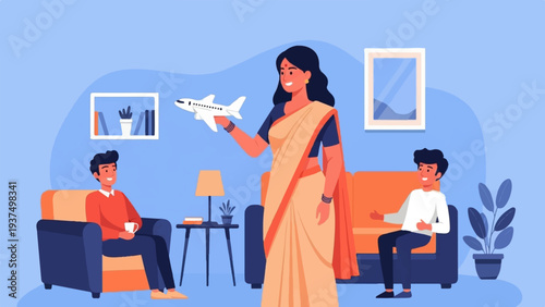 Woman in sari shows toy airplane to two men relaxing on sofas