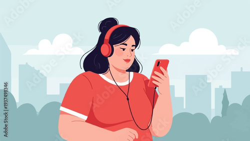 Woman in red shirt with headphones listens to music on phone, city skyline background