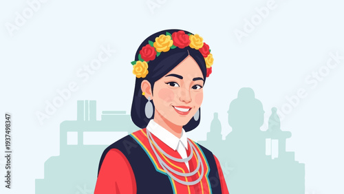 Woman in traditional attire with flower crown and jewelry