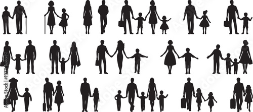 Silhouettes of families and children holding hands in different poses against a transparent background