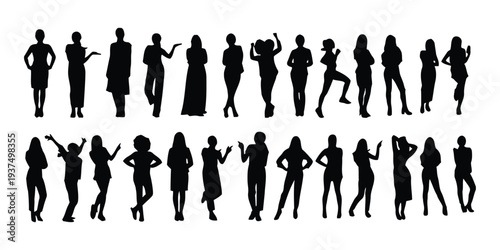 Silhouettes of diverse group of people in various poses and activities